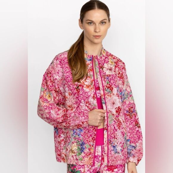 Johnny Was Pink Floral Bomber Jacket Bee Active Eyelet - Picture 1 of 6